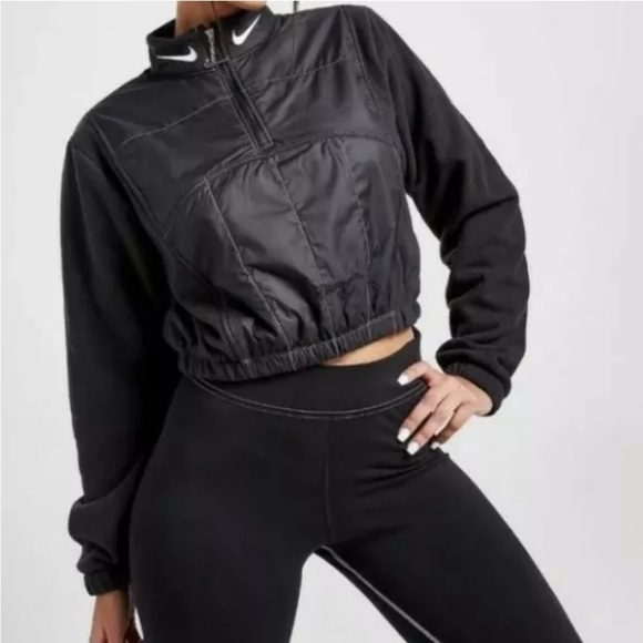 NIKE Black Sweatshirt Essentials Cropped Half Zip Fleece Pullover Top - Picture 1 of 14